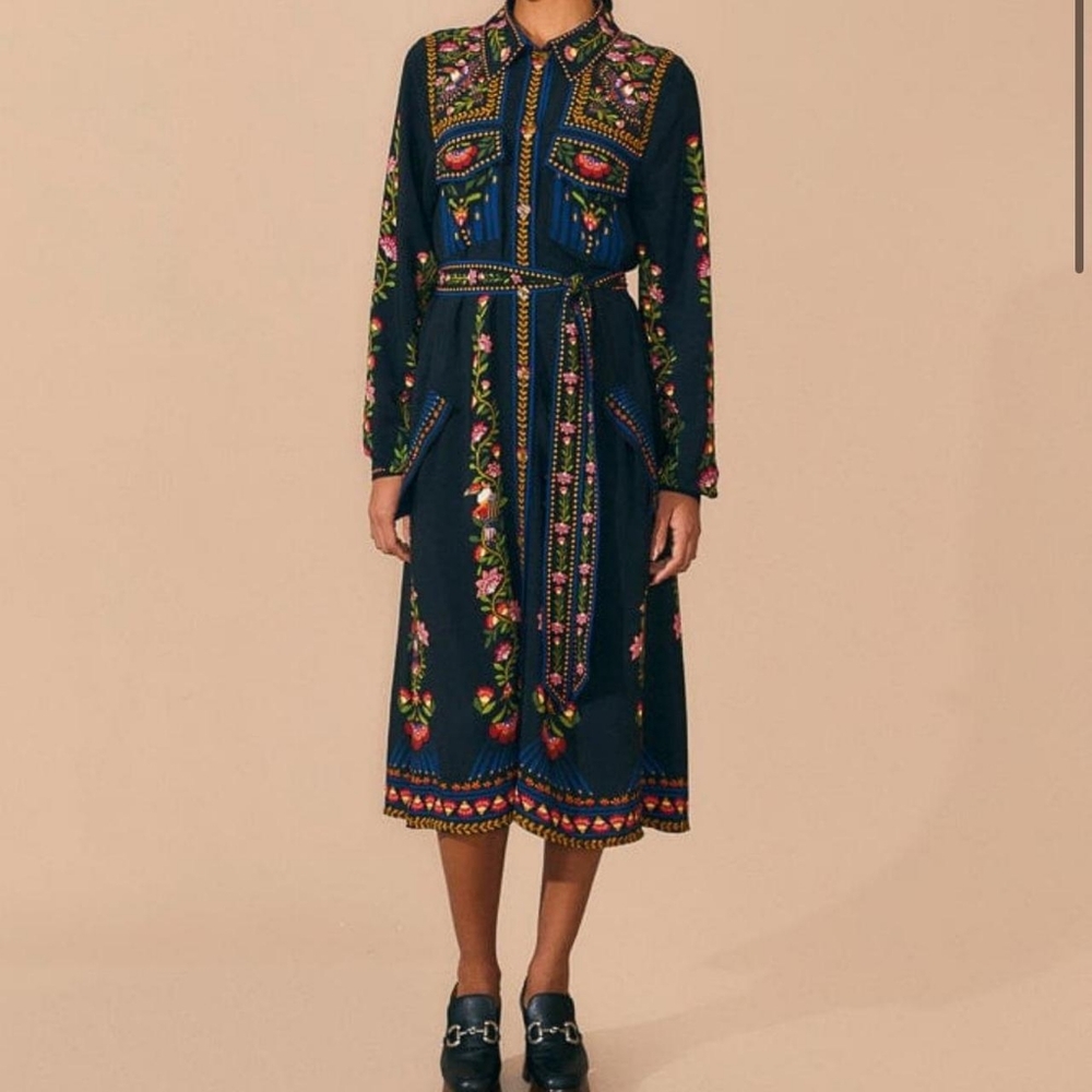 FARM Rio Floral Toucan Black MIDI Shirt Dress